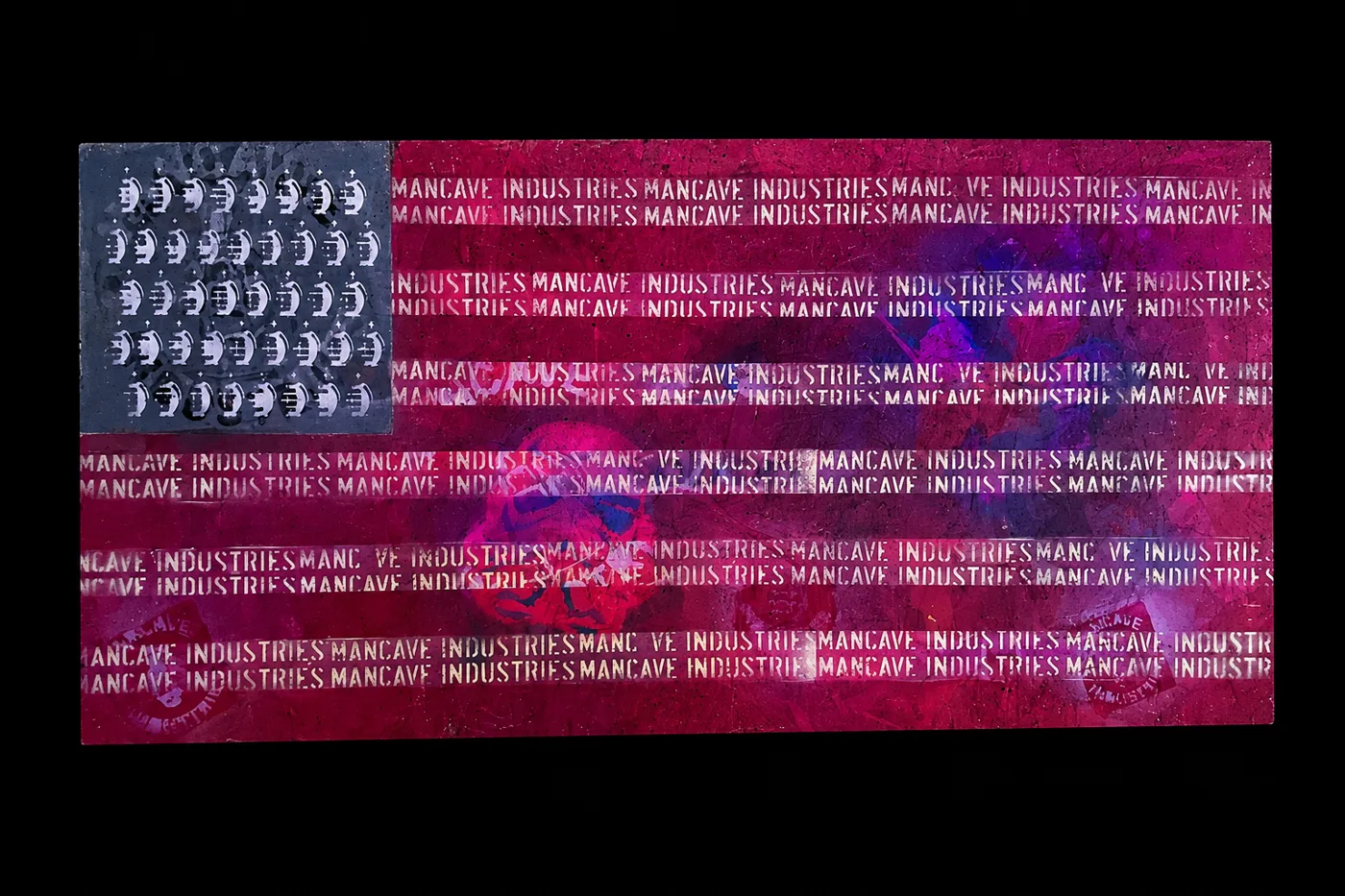 Mancave Industries Flag: stars and stripes stencilled with repeated Mancave Industries lettering