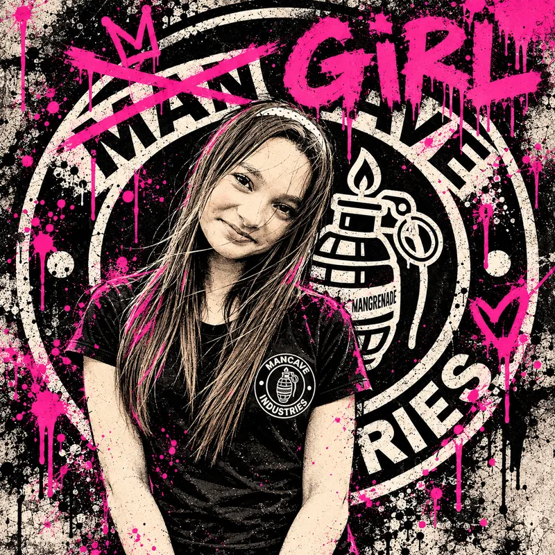 Lila in front of the seal, with MAN crossed out and GIRL sprayed over it in pink