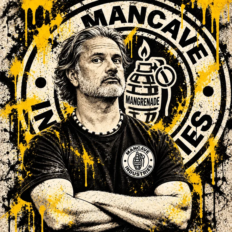 TK, arms crossed, in front of the Mancave Industries seal splashed with yellow paint