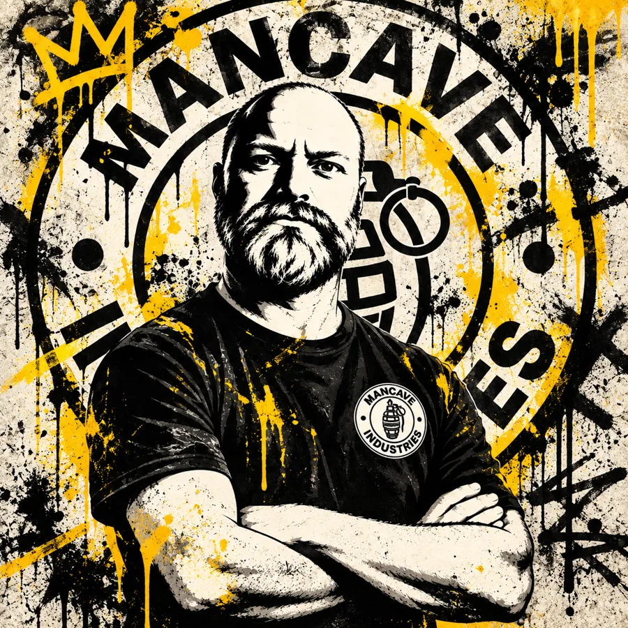 Graffiti portrait of Mark, arms crossed, in front of the Mancave Industries badge