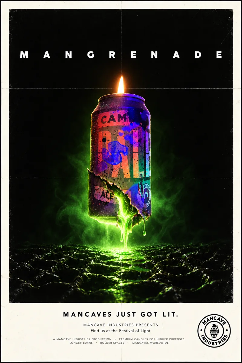 Mangrenade poster: a glowing can candle dripping green wax