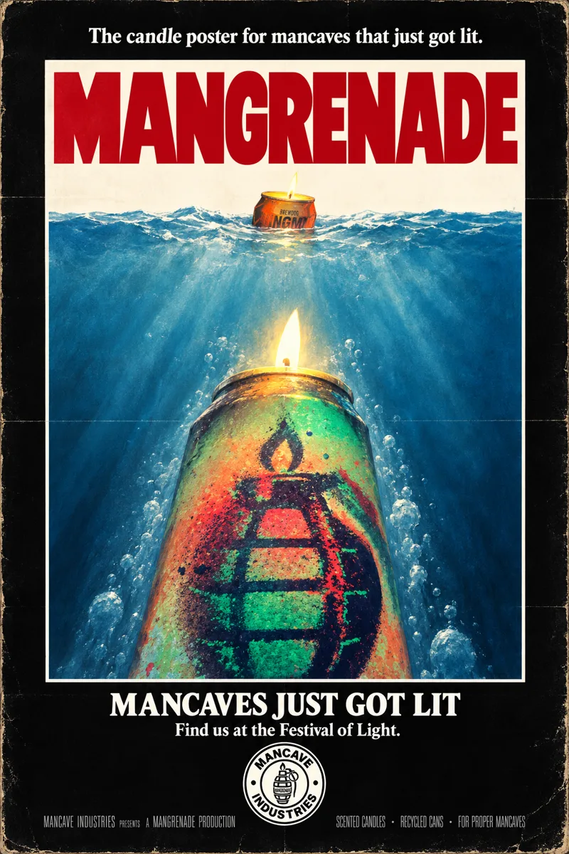 Mangrenade poster: a lit can candle rising through water under a floating can