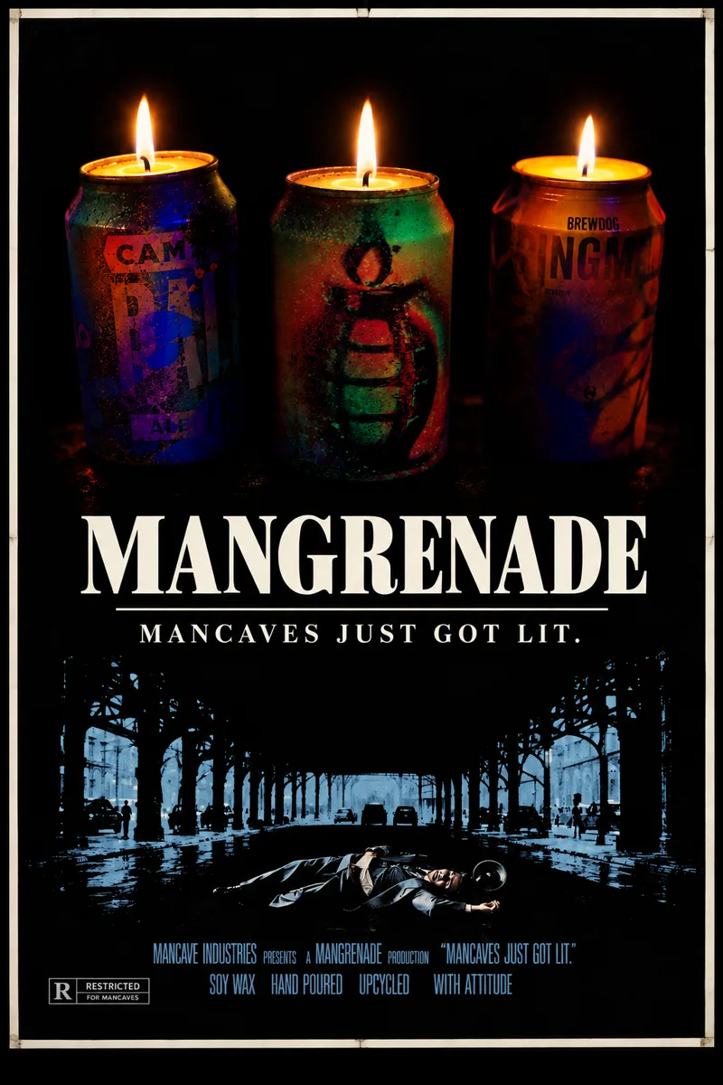 Mangrenade poster: three lit can candles above a noir street scene